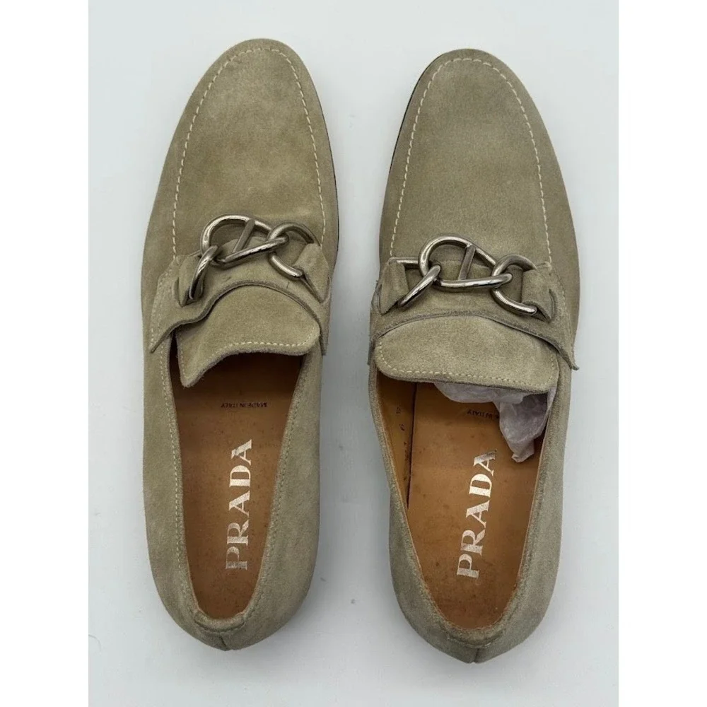 Prada Men Suede Loafers Taupe Grey Chain Detail Made in Italy 0950 5991 Size 6.5